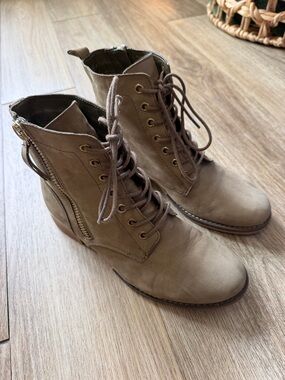 Aldo Taupe Lace-Up Side-Zip Ankle Boots
